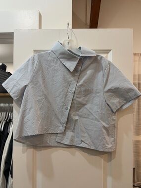 Cropped Asymmetrical Short-Sleeve Button Front Shirt - Light Blue